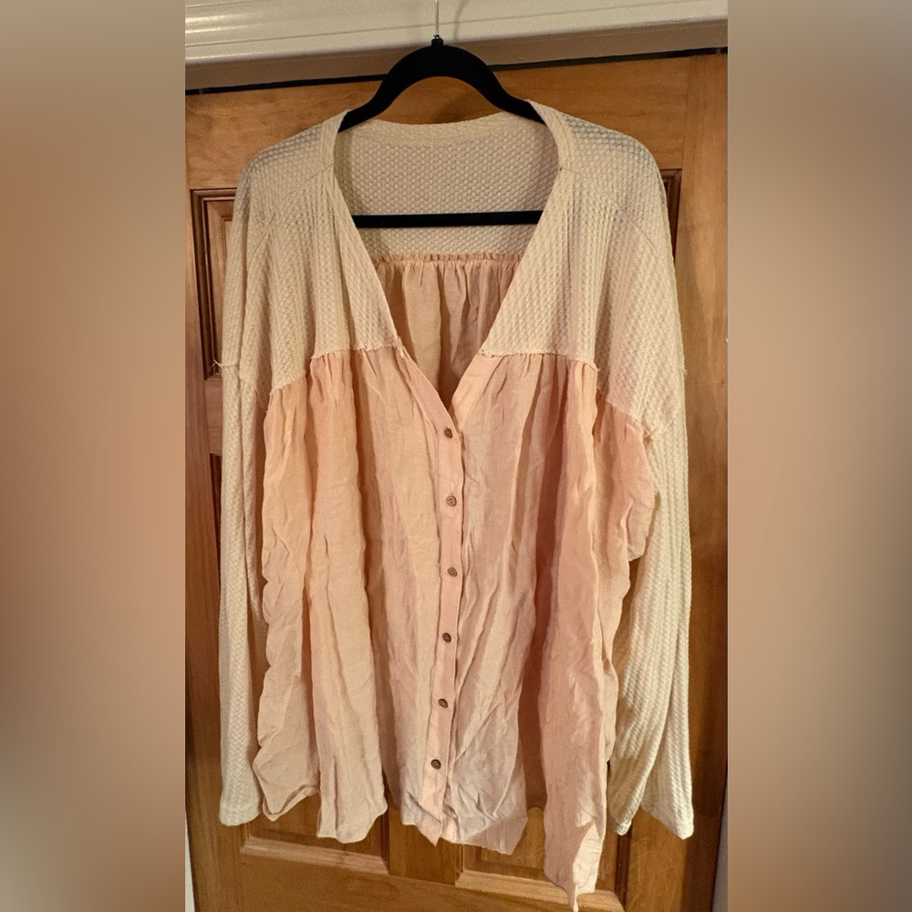 Women's Cream and Light Pink Button-Front Mixed-Waffle/Silky Fabric Top